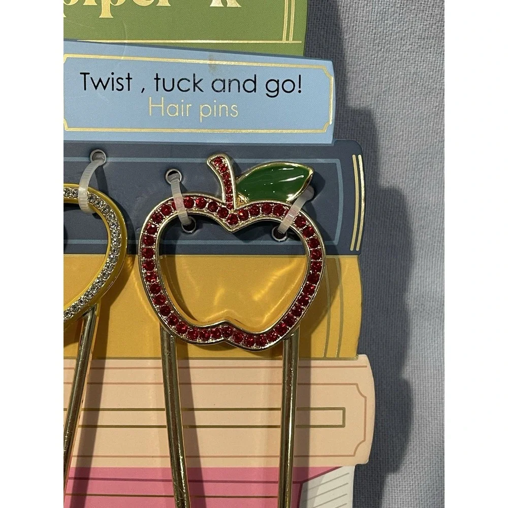 NEW Set of 2 Teacher Themed Tuck Twist & Go Hair Pins - Piper K - Apple & Pencil